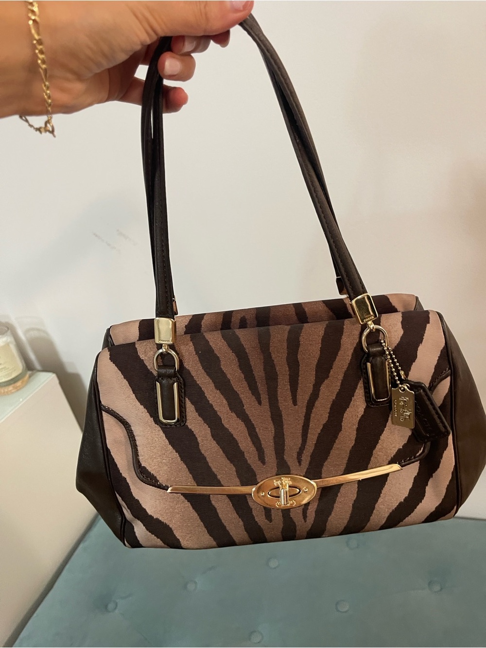 Coach Brown and Dark Brown Zebra-Print Shoulder Bag with Gold Hardware